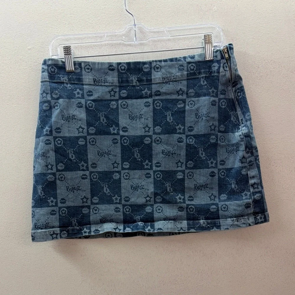 Dolls Kill x Bratz Denim 2 Piece Set Jacket Skirt Faux Fur Blue Checkered Large